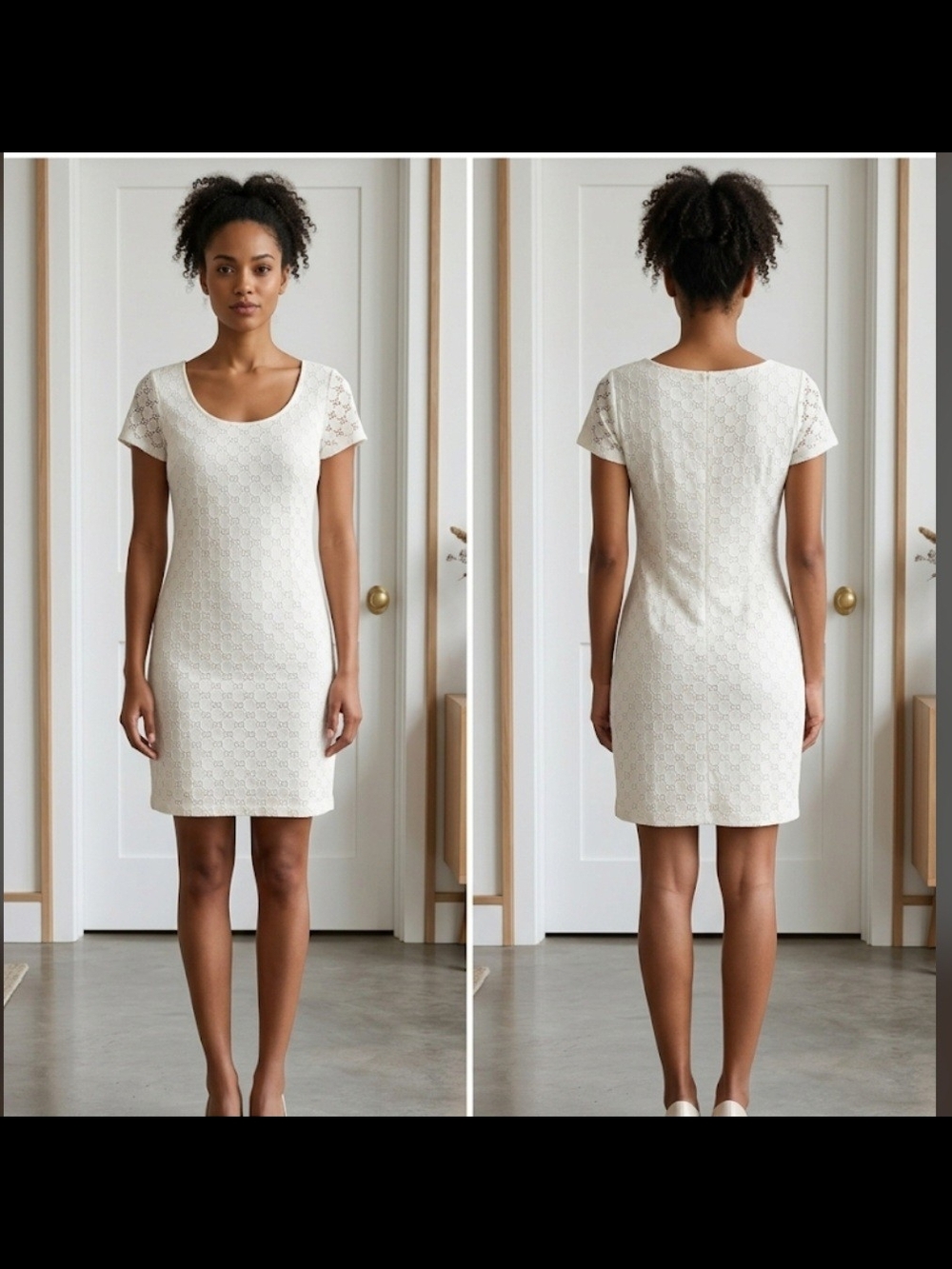 Isaac Mizrahi Eyelet Lace Cap Sleeve Scoop Neck  Lined Knit Mini Dress Cream L